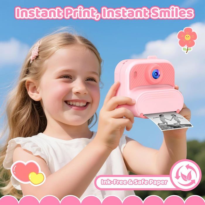 Appareil Photo Instantané Enfant Rose – Imprimante Thermique Intégrée, 1080p, 4 Jeux, Carte 32Go | Cadeau Fille 3 à 12 Ans, Noël, Anniversaire
