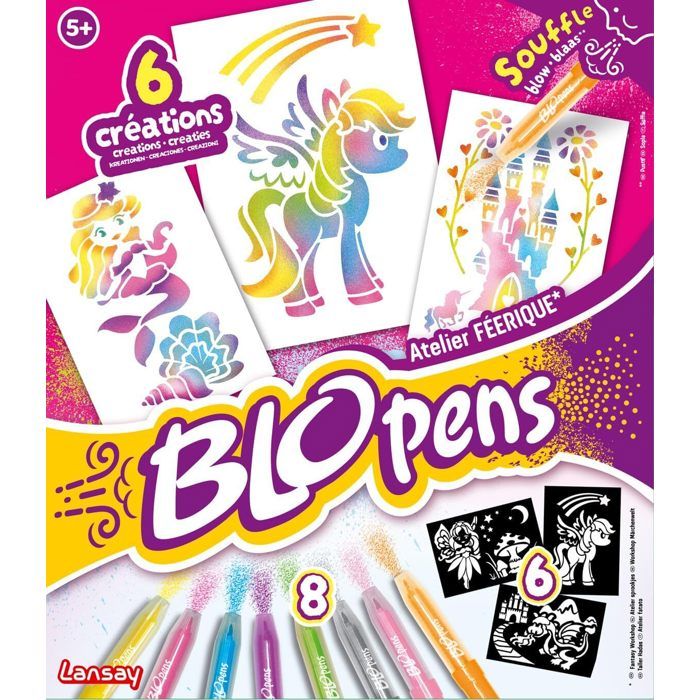 Lansay – Blopens Atelier Féerique – Feutres à Souffler Avec Pochoirs, Fées Licornes Sirènes – Kit Créatif Dès 5 Ans