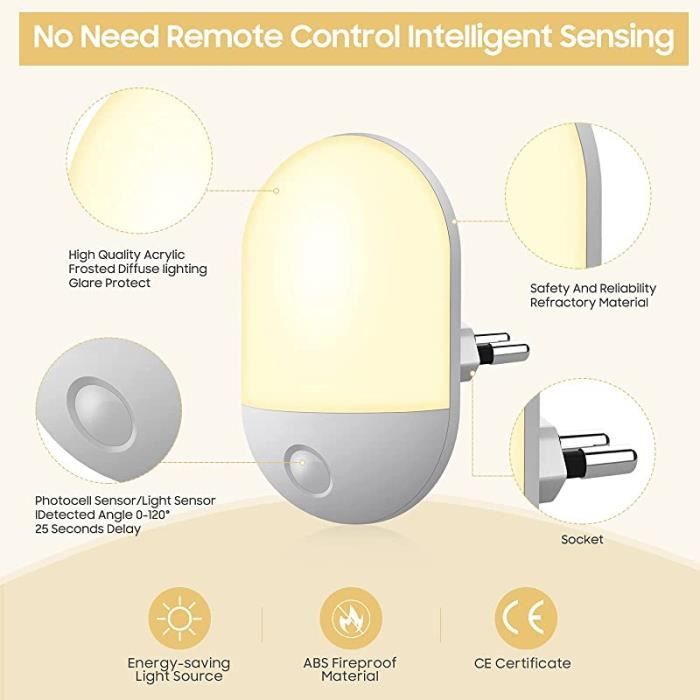 Lot De 2 Veilleuses Enfant Automatiques Suright - Lumière Blanche Chaude 2700K Avec Capteur Crépuscule, 0.5W Économie D'Énergie