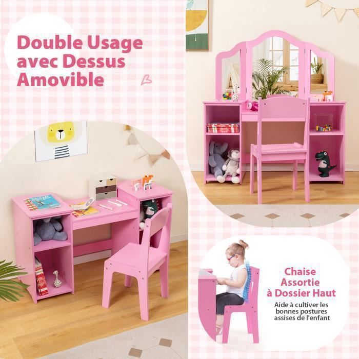 Coiffeuse Avec Tabouret Pour Fille 3-13 Ans - Miroir, Tiroirs, Bois Blanc, à Monter