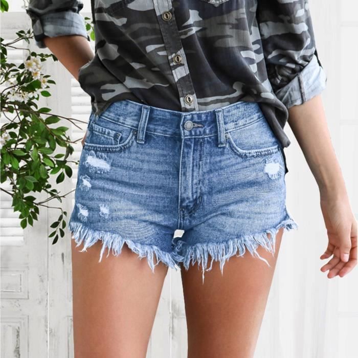 Short Taille Haute En Jean Extensible Pour Femme D chir Effiloch