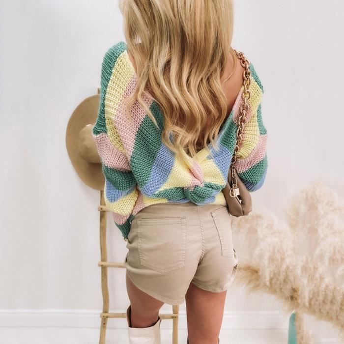 Femme Pull Col V L che Rayures Contraste Couleurs Crois Dos Nu