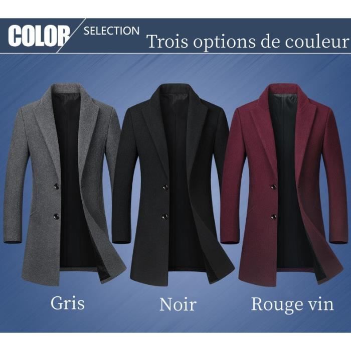 Manteau Hiver Homme Long - Laine Et Polyester, Coupe Slim, Col Cranté - Pardessus Classique Chaud
