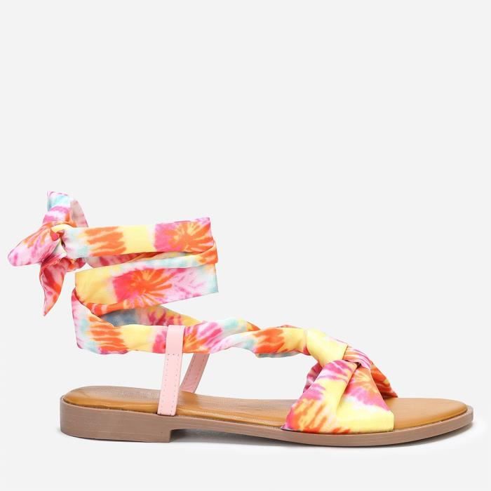 Sandales roses et jaunes avec ruban satin nouer Rose