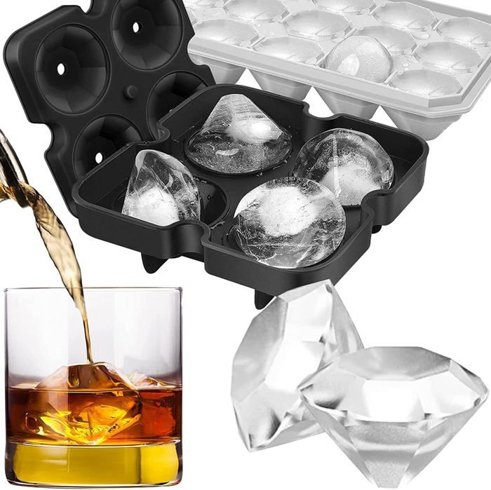 Set De 3 Moules à Glaçons Silicone Alimentaire - 6 Sphères + 6 Carrés + 37 Hexagonaux Avec Couvercle