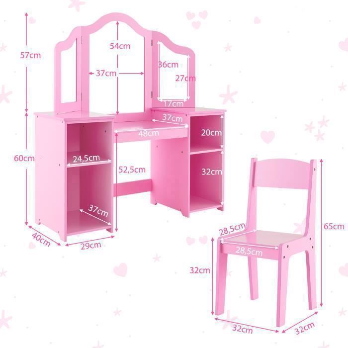 Coiffeuse Enfant Fille COSTWAY Avec LED - Miroir 3 Volet, Tiroir, Tabouret - 3-7 Ans