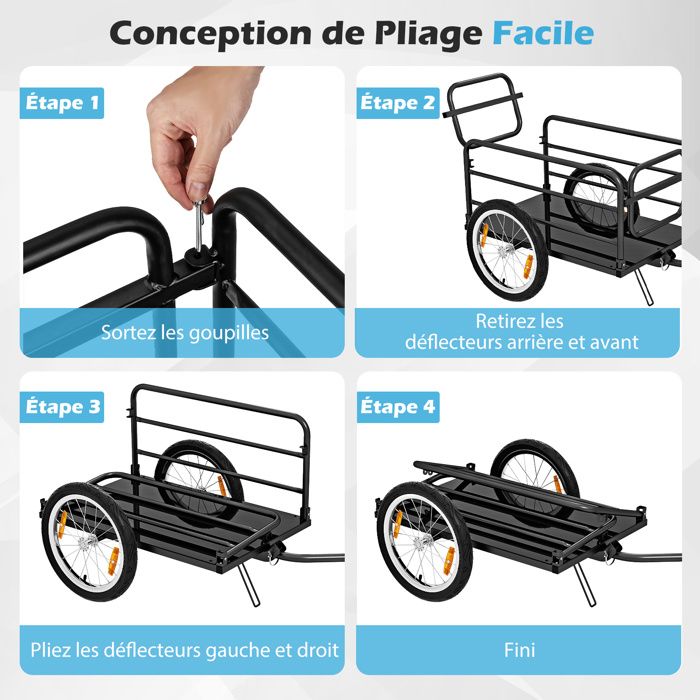 Remorque Vélo GOPLUS – Pliable – Capacité 55 Kg – Roues 40 Cm – Housse Oxford – Attelage Polyvalent – Pour Camping, Courses Ou Déménagement