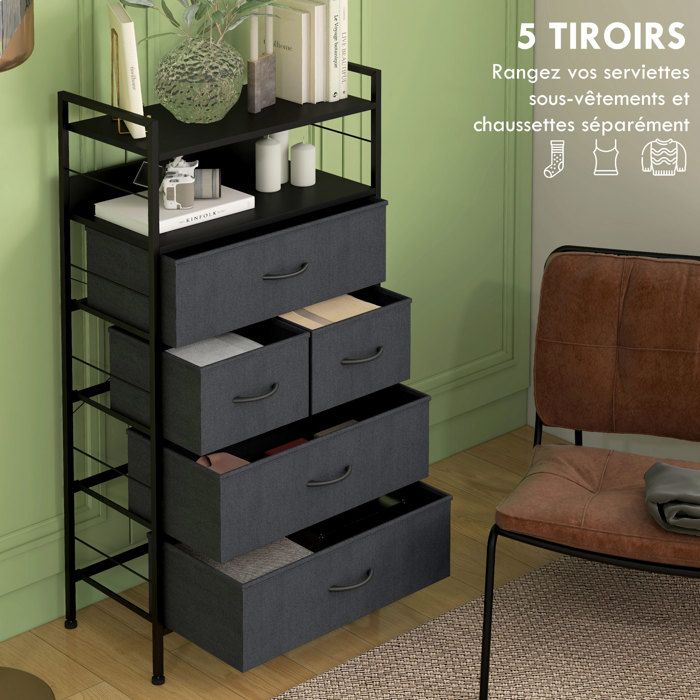 YITAHOME Commode - 5 Tiroirs en Tissu Chambre Meuble de Rangement - Tour en Tissu - Cadre Acier Robuste - Salon - Gris Profond | Leroy Merlin