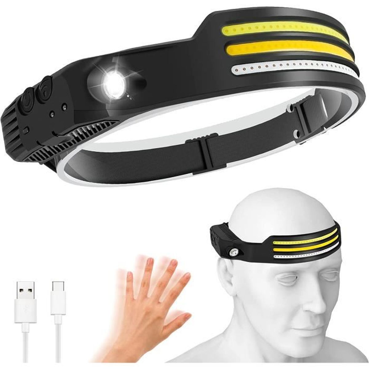 Lampe Frontale Puissante[Lot De 2], LED Torch Frontale USB Rechargeable 2000 Lumens 5 Modes D'éclairage Lumière Blanche Et Rouge, Etanche IPX5 Pour Pêche,Camping,Lecture,Randonnée,Cyclisme,etc