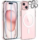 MASSILIA TECH Coque pour iphone 15 plus - 2x vitre verre trempé + 2x vitre caméra compatible magsafe clear transparent