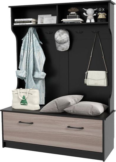 HOMASIS Banc à Chaussures Avec Assise – 3 Compartiments + Rangement Caché, Bois & Mousse Confort