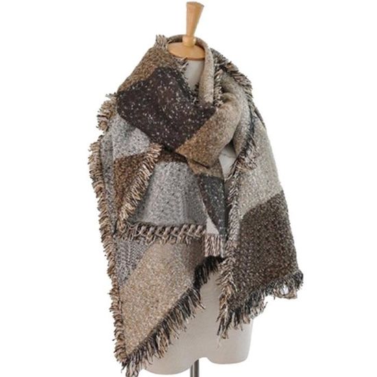 Écharpe Plaid Femme Avec Franges - Mélange Laine Et Cachemire, Couleur Gris - Neuf Avec étiquettes, Style Châle