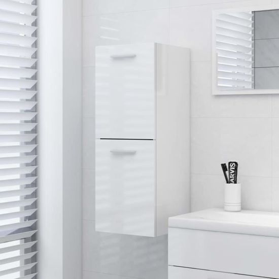 Armoire haute de salle de bain - Scandinave - Blanc brillant - Meuble rangement contemporain décor