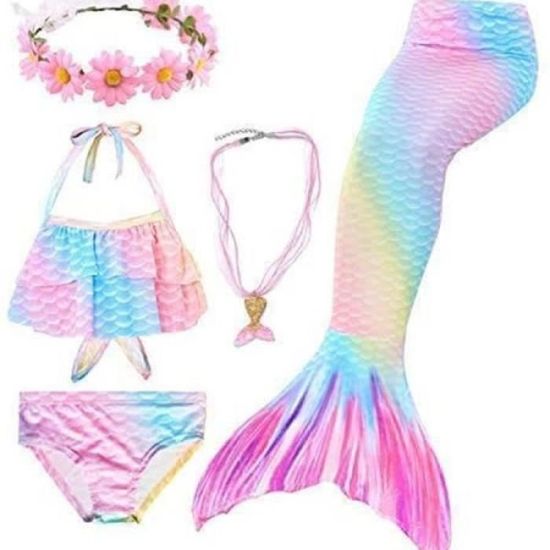 Costume Sirene Fille Robe Maillot 3 pièces pour bébé, imprimé Feuilles, Bikini, Culotte, Ensemble Bikini pour Plage