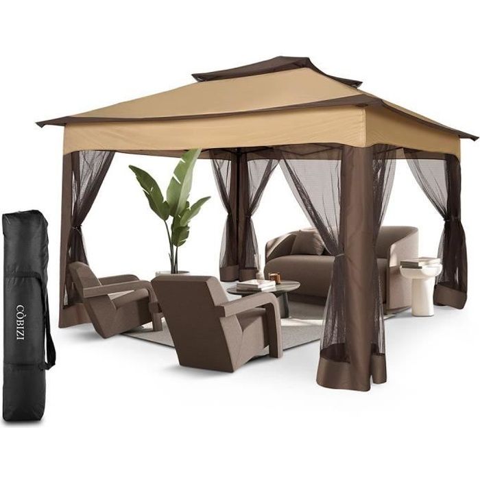 Tonnelle barnum de jardin pop-up pliant , Tonnelle Barnum Imperméable-11x11pouces,Pergola avec rideaux-Marron foncé
