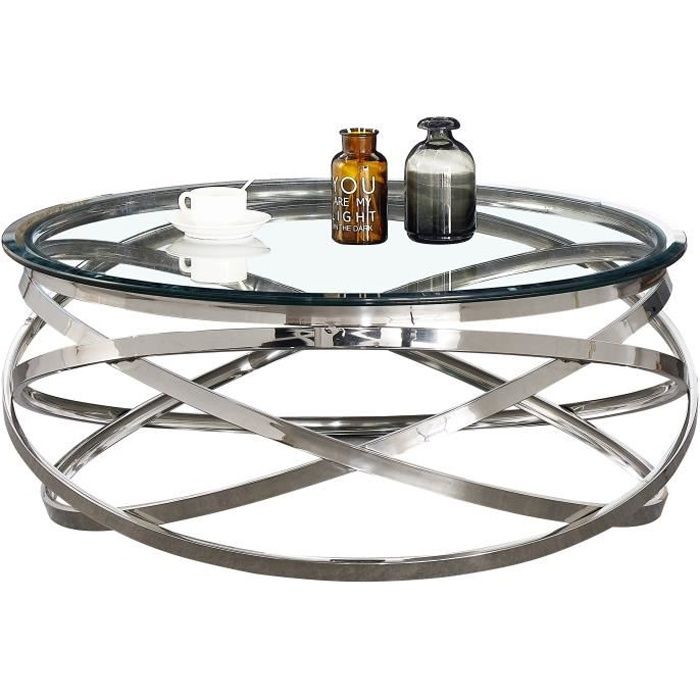 Table basse design rond avec piètement en acier inoxydable poli argenté et plateau en verre trempé transparent L. 100 x H. 43 cm