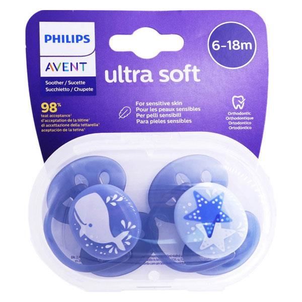 Avent Sucette Symétrique Ultra Douce 6-18m Baleine Etoile Bleu Lot de 2