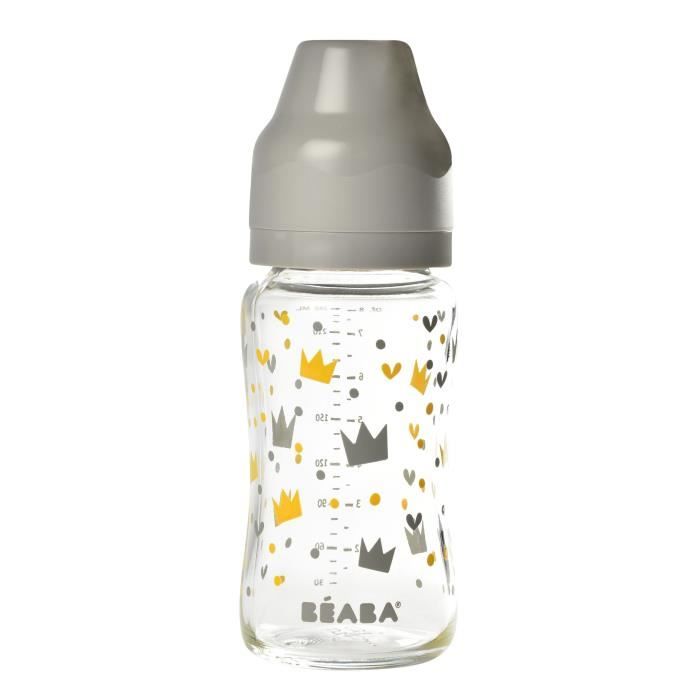 BEABA Biberon verre col large 240 ml-yellow/grey crown