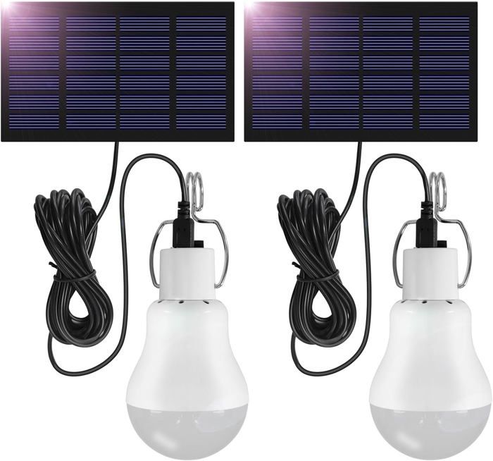 2pack Lampe Solaire 15W Lumière LED Ampoule Portable pour Eclairage Extérieur Randonnée Camping Tente de Pêche Randonnée Intérieur
