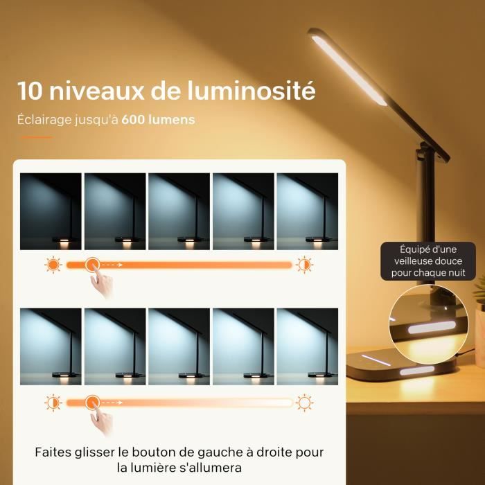 LITOM Lampe de bureau LED, Lampe de Table avec Veilleuse avec 5 Couleurs et 10 Niveaux de Luminosité, Charge USB, Minuterie 1H, Cont