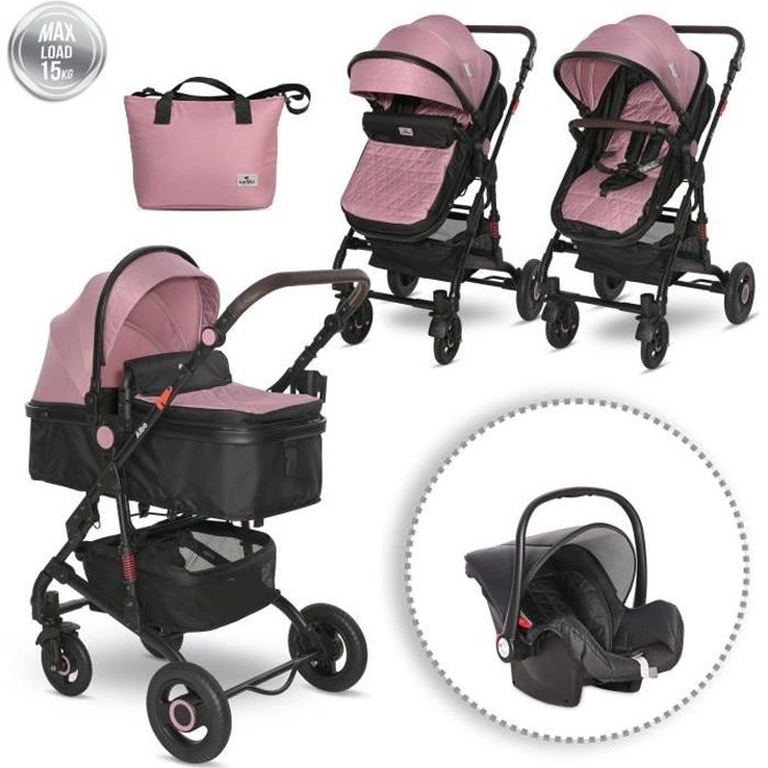 LORELLI Alba - Poussette 3en1 citadine compacte pliable - Avec nacelle, siège auto et sac à langer - Jusqu'à 15Kg - Rose