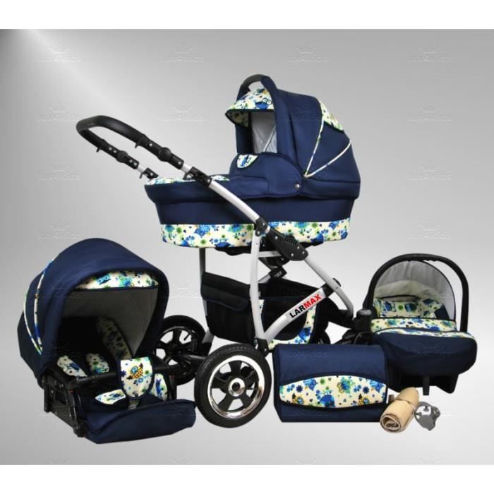 Larmax poussette combinée Set – hiver (chancelière, siège auto & ISOFIX, habillage pluie, moustiquaire, roues pivotantes) 96 bleu...