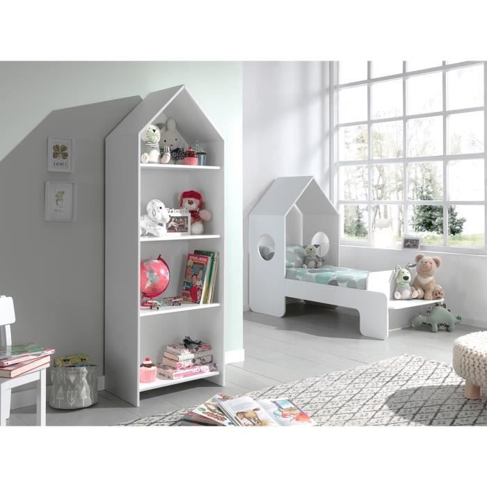 Lit Cabane 70x140 Sommier Inclus et Bibliothèque Casami - Blanc