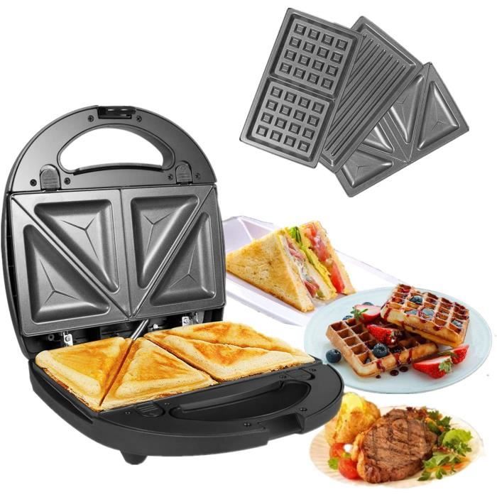 3 en 1 Sandwich Grill Gaufrier,Sandwitch Toaster 3 Plaques de Gril Amovibles Croque Gaufre Appareil à Croque-Monsieur Acier In