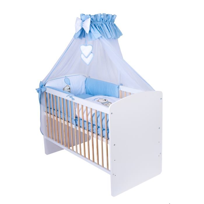 KMBaby Lit Bébé Tany Blanc 120x60 cm Avec Matelas et Parure 11 Pièces Bleue Ourson Ballon - 3 Hauteurs - Pin et MDF