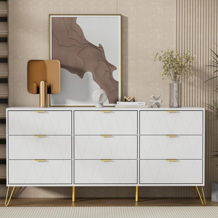 GOOBUY Commode avec 9 Tiroirs Motif Ligne Style Scandinave Manches et Pieds en Couleur Dorée 150 x 34 x 74 cm Blanc