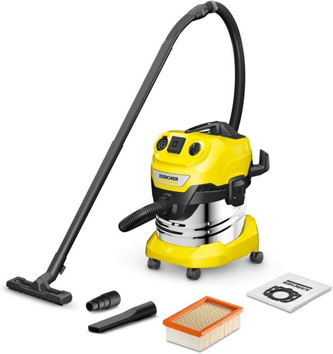 Aspirateur Eau Et Poussières Kärcher WD 4 S - 1000W - Cuve Inox 20L - Flexible 2.2m - Fonction Soufflerie - Filtre Plissé
