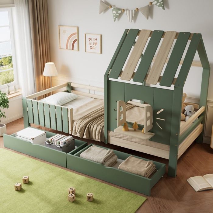 Lit enfant lit en bois 90x200 cm lit cabane avec toit et fenêtre rebord de fenêtre clôture avec 2 tiroirs - vert + naturel