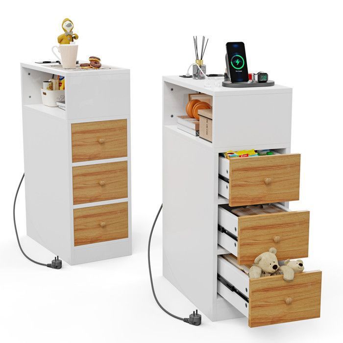 Lot de 2 Table de Chevet Étroite avec prise - VIVOLIL - 3 tiroirs 1 compartiment ouvert - Blanc - 70x45x25 cm - Pour Salon