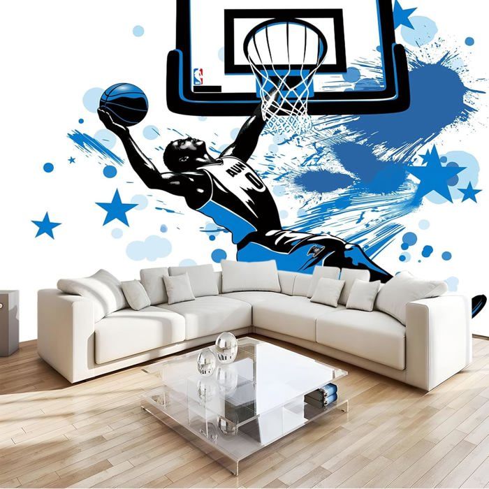 3D Panoramique Murale Thème Sportif Basket-Ball Bleu Papier Peint 250x175 cm pour Salon Chambre Enfant Chambre Décoration Murale