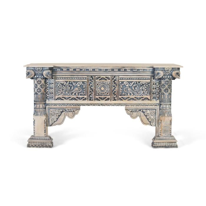 Console en bois de manguier - Colonnes sculptées à la main - Finition blanche lavée - 173x53x91 cm - Style ethnique