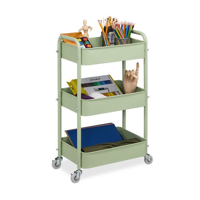 Relaxdays Desserte de cuisine 3 niveaux chariot HLP : 71 5 x 43 5 x 29 5 cm salle de bain bureau vert
