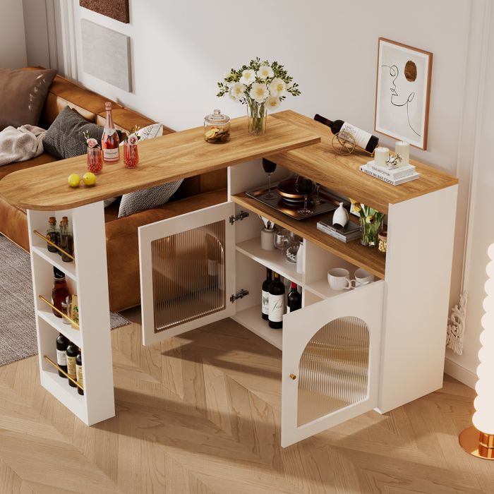 Table de bar extensible ave rangement table de bistrot avec 2 portes en verre rotation libre à 360 ° étagères