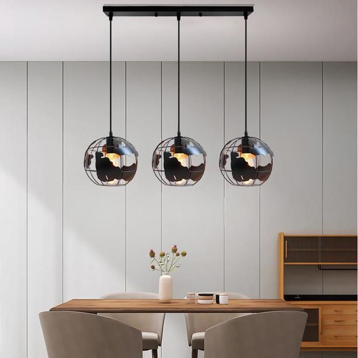 Lustre suspension - SMOTOP - 3 lampes E27 - Noir métal - Cage rétro Ø20cm