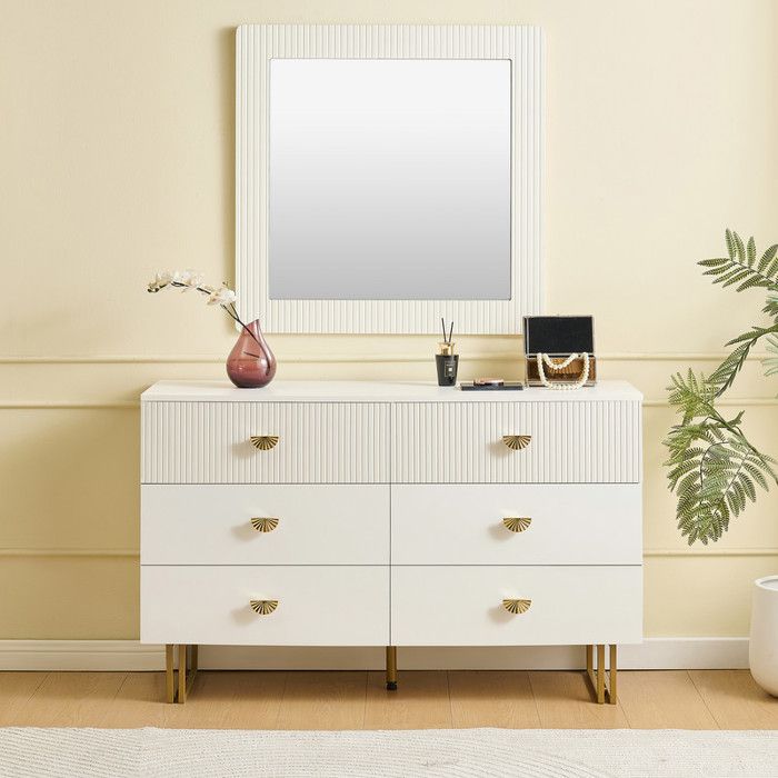 Ensemble buffet et miroir - Moderne - Blanc - 6 tiroirs - Miroir 80x80 cm - Accents dorés