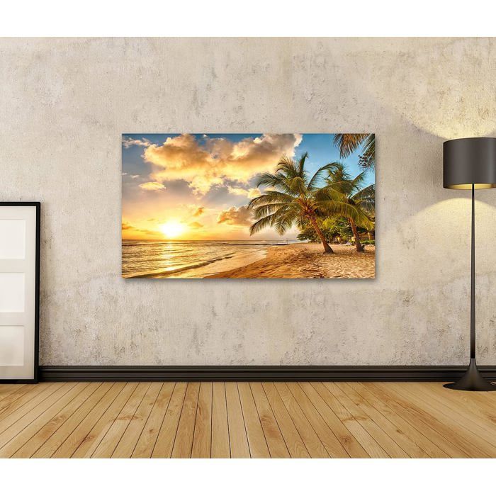 Tableau sur Toile Magnifique Coucher de Soleil sur la mer Les Palmiers ...