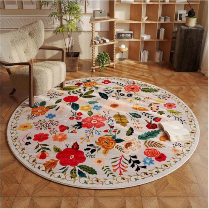 Tapis Rond Rétro 120cm de Salon Classic Shaggy Chambre Motif Floral Poils Ras Antidérapant (120cm Blanc)