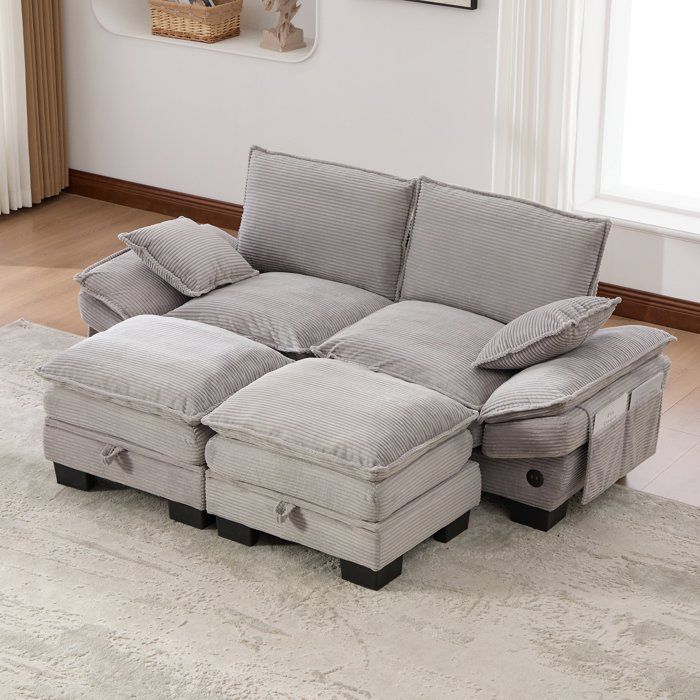 Canapé droit 2 places velours côtelé avec pouf - USB-C et rangement intégré - 2 poufs - pieds stables Gris clair