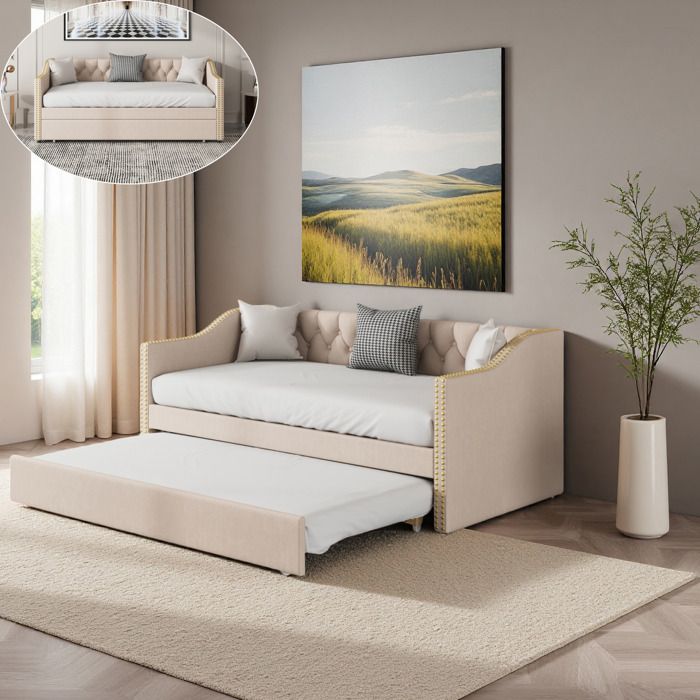 Lit Gigogne 2 Places 90/180x200CM Canapé-lit Convertible avec Sommier à Lattes en Bois Pour Enfant ou Adolescent Velours Beige