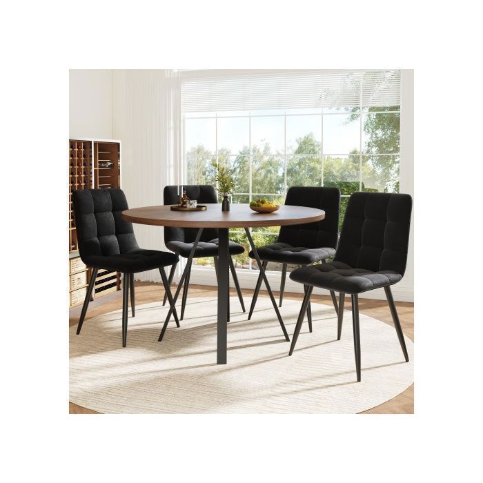 Ensemble repas 5 pièces : table ronde 80×80×75 cm avec 4 chaises assises en velours table couleur noyer chaises noires