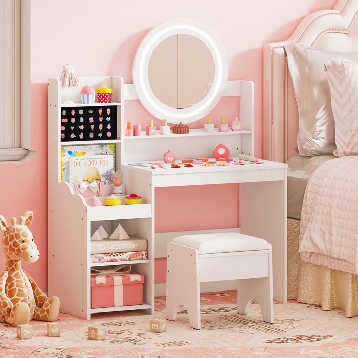 COSTWAY Coiffeuse Enfants avec Tabouret Miroir & Lumières - Étagères Ouvertes 84 x 37 x 107 cm Blanc COSTWAY Coiffeuse Enfants avec Tabouret Miroir & Lumières - Étagères Ouvertes 84 x 37 x 107 cm Blanc