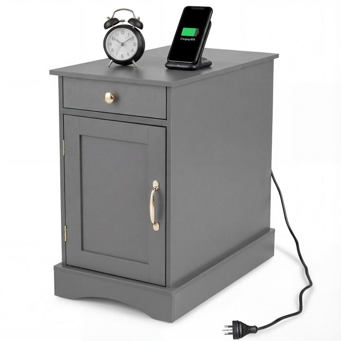 COSTWAY Table de Chevet avec Prises Intégrées Porte Placard à Étagere Réglable Tiroir 60 x 35 x 62 CM Gris COSTWAY Table de Chevet avec Prises Intégrées Porte Placard à Étagere Réglable Tiroir 60 x 35 x 62 CM Gris