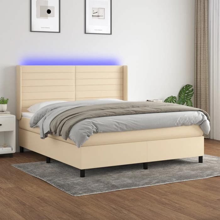 Sommier tapissier avec matelas et LED - vidaXL - 180x200 cm - Crème - Tissu polyester - Ressorts ensachés