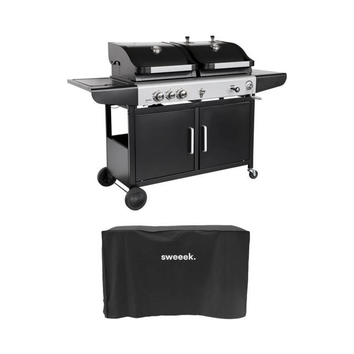sweeek - Barbecue 2 en 1 gaz et charbon 3 brûleurs + 1 feu latéral grill et fumoir avec tablettes et housse MARSAC AVEC HOUSSE