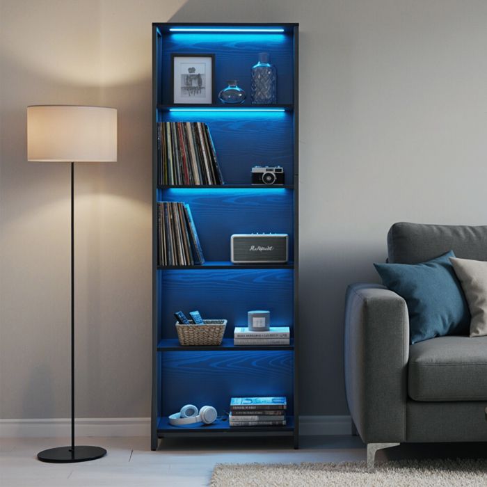 Bibliothèque sur 6 Niveaux avec LED Étagère Réglable Cadre en Acier pour Salon Chambre Bureau Noir