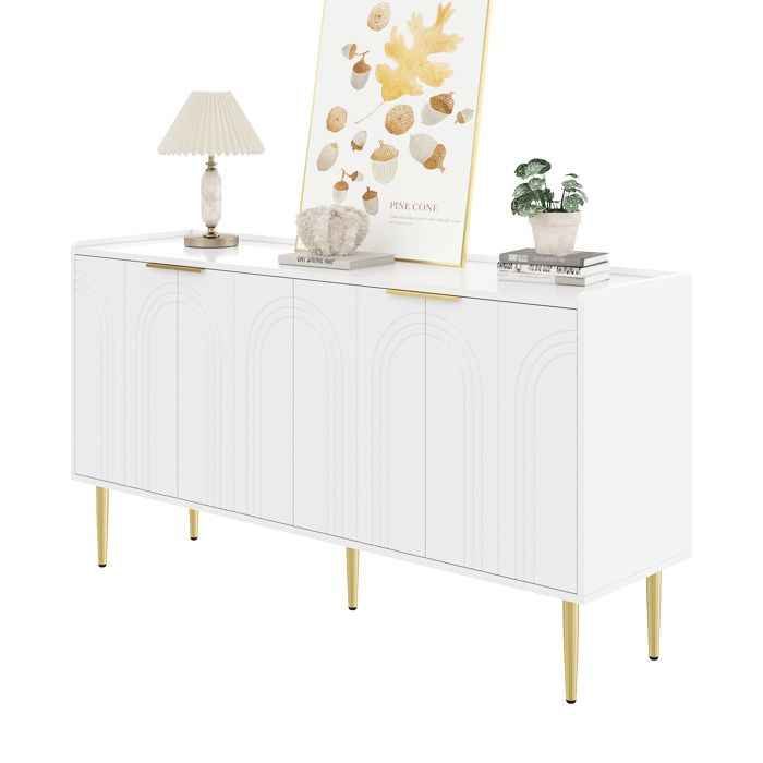 Buffet moderne - 140x38x75 cm - Blanc - MDF - Pieds en fer doré - Portes courbées et embossées - Étagères réglables